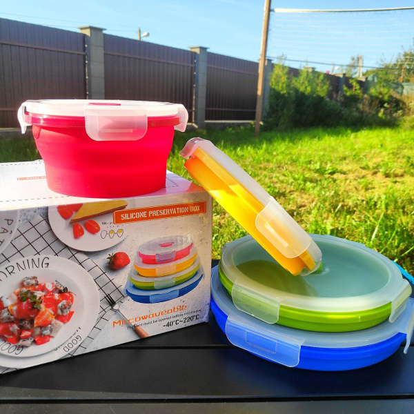 Набор круглых силиконовых контейнеров 4 шт. / Набор складных ланч-боксов (350мл, 500мл, 800мл,1200мл)